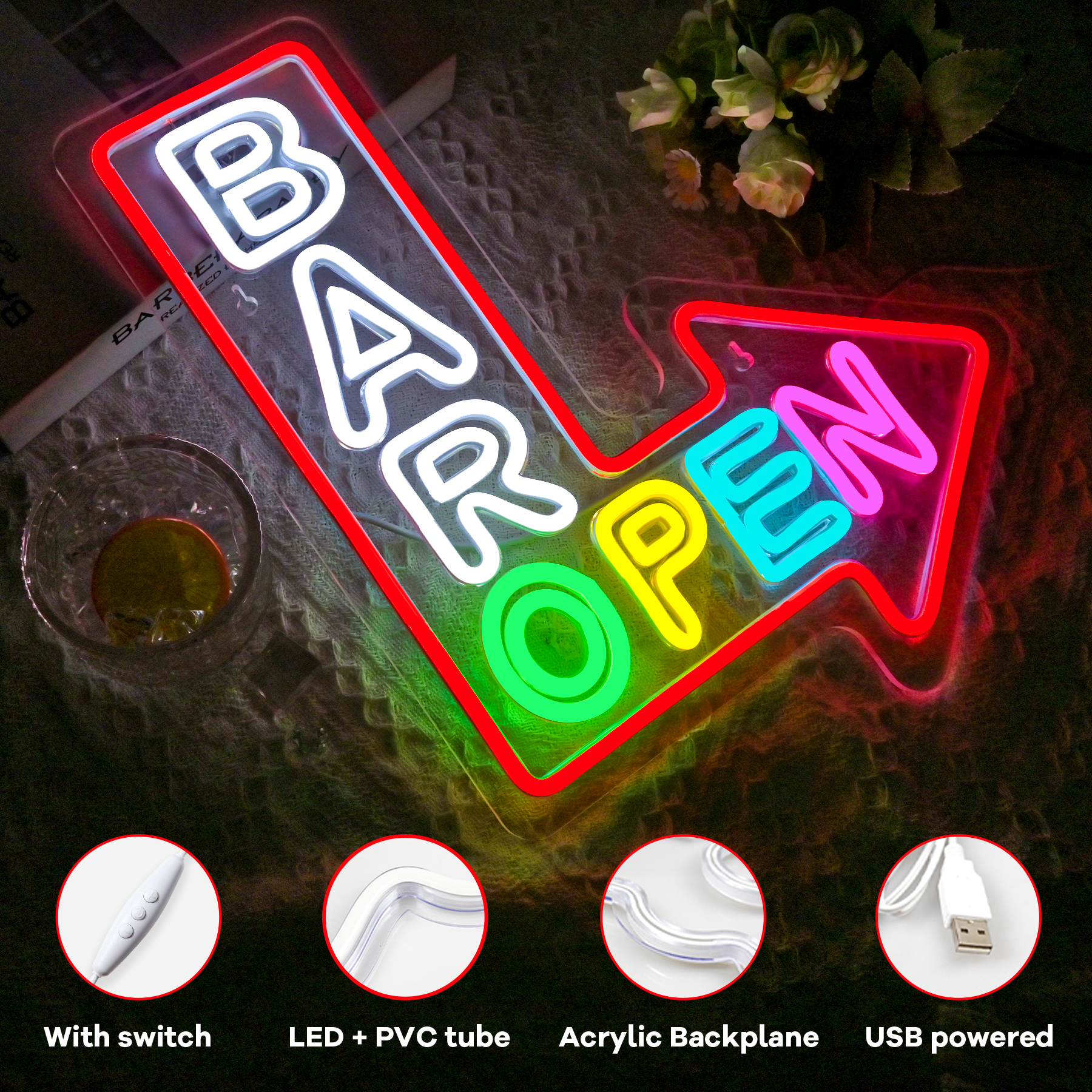 Bar Open Arrow Neon Sign Mix C - Home Gym Aesthetic 评论和价格